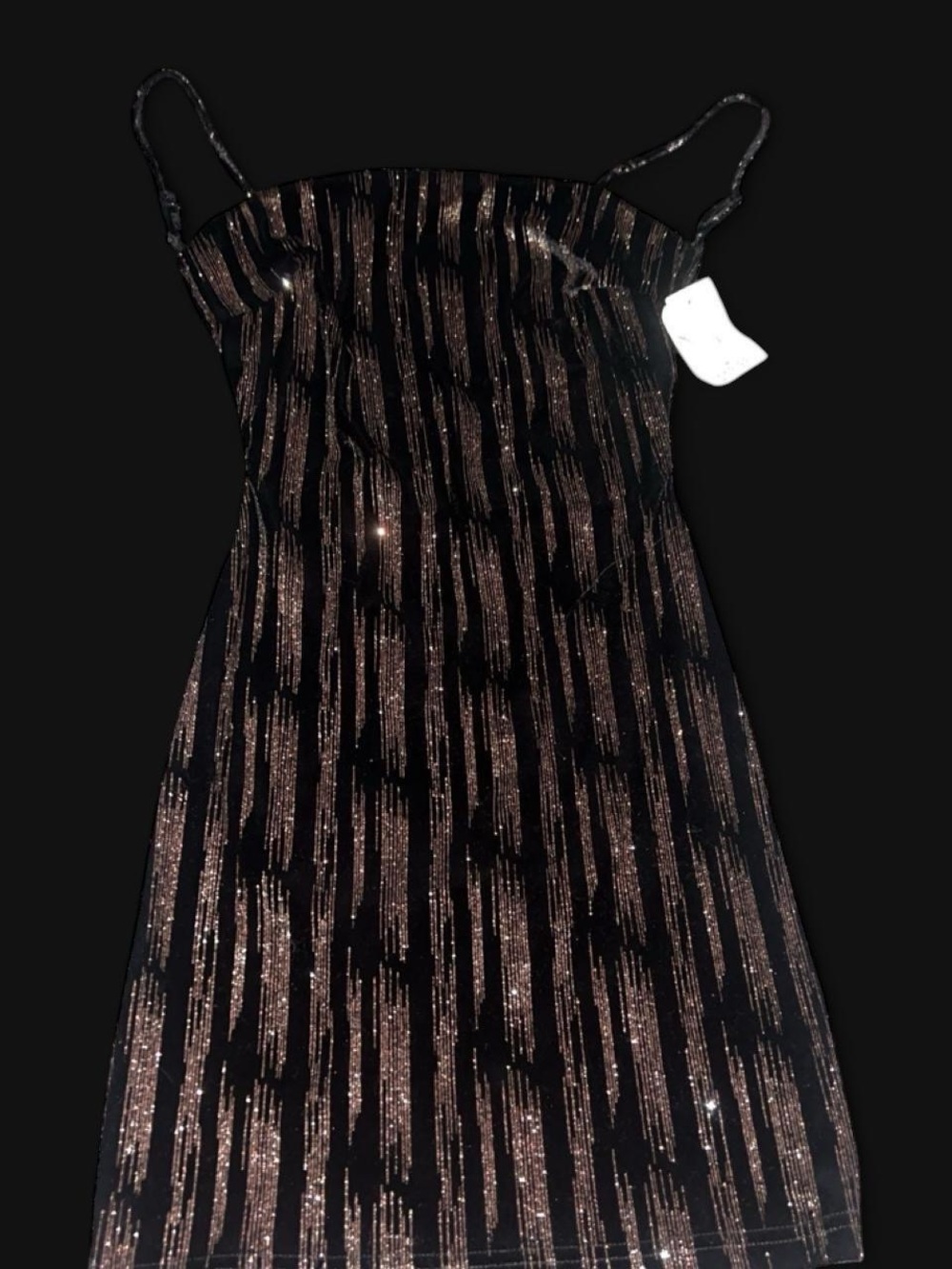 Black Backless Slip Dress with Metallic Bronze Stripe Accents